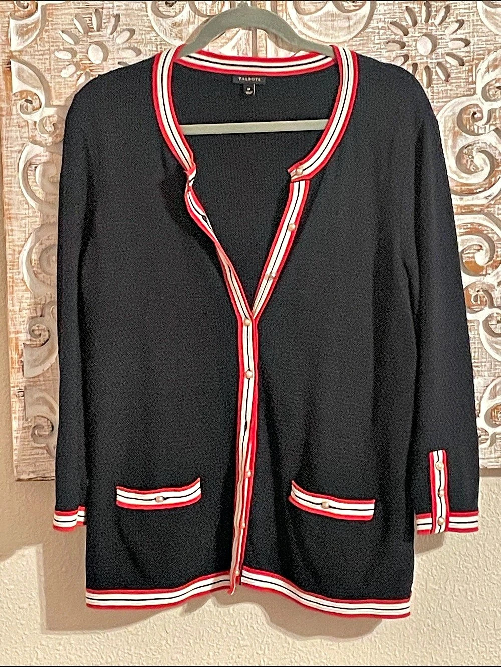 Talbots Striped Trim Cardigan in Navy & Red Size Medium